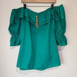 Vintage Off-Shoulder Ruffle Peasant Blouse – Green with Beaded Tassel Detail